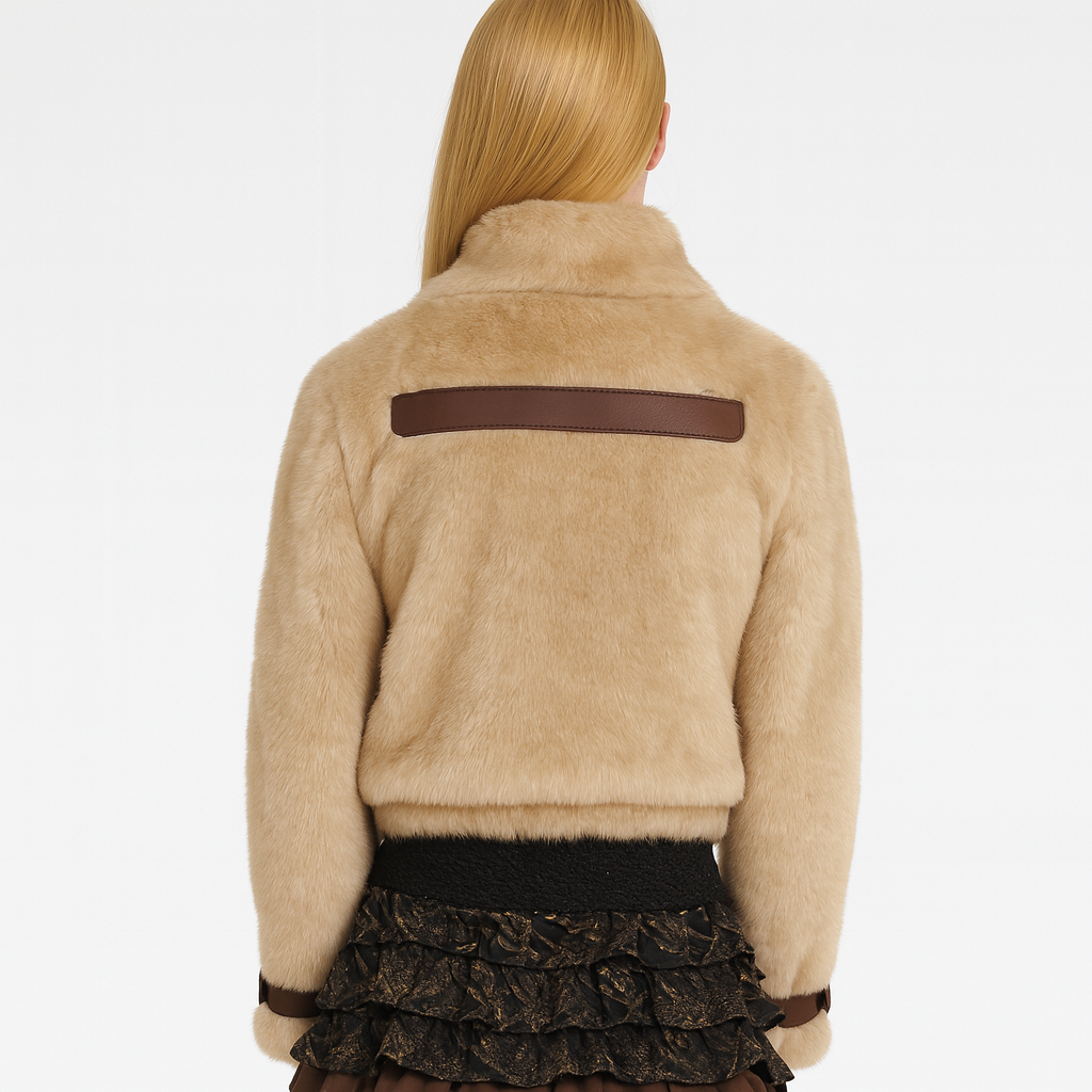 Y2K Cropped Faux Fur Jacket with Leather Buckle Straps — image 4