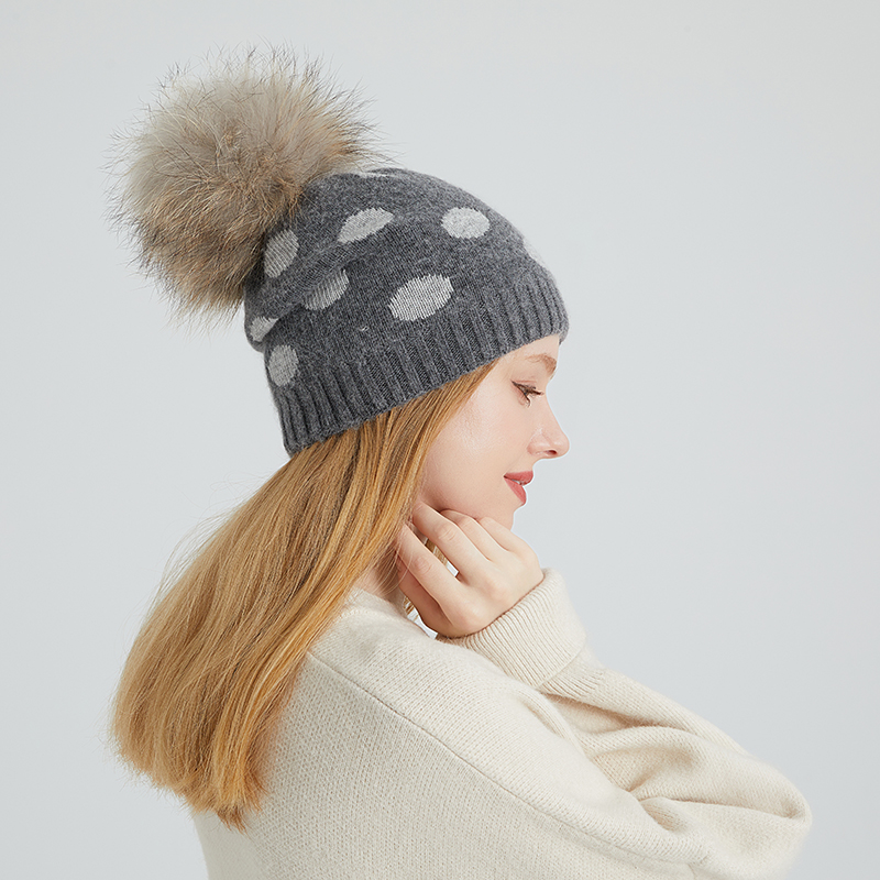 Angora Polka Dot Knit Beanie with Real Raccoon Fur Pom – Whimsy Meets Warmth — image 3