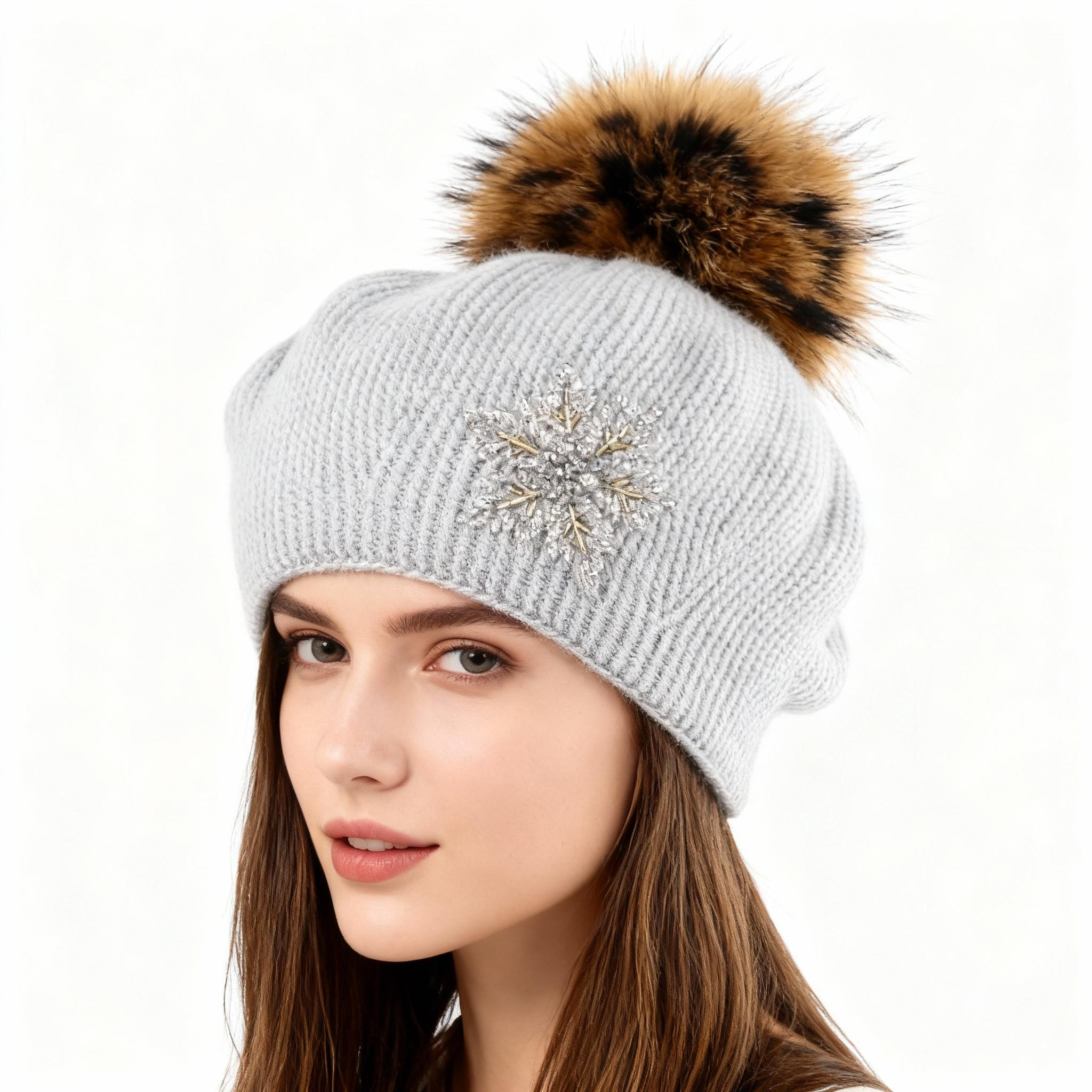 Genuine Raccoon Fur Pom Beaded Angora Beret – Elegant Parisian Style