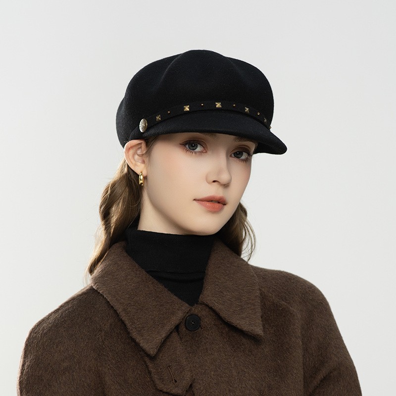 Black Wool Military Beret Cap with Gold Stud Embellishments — image 2