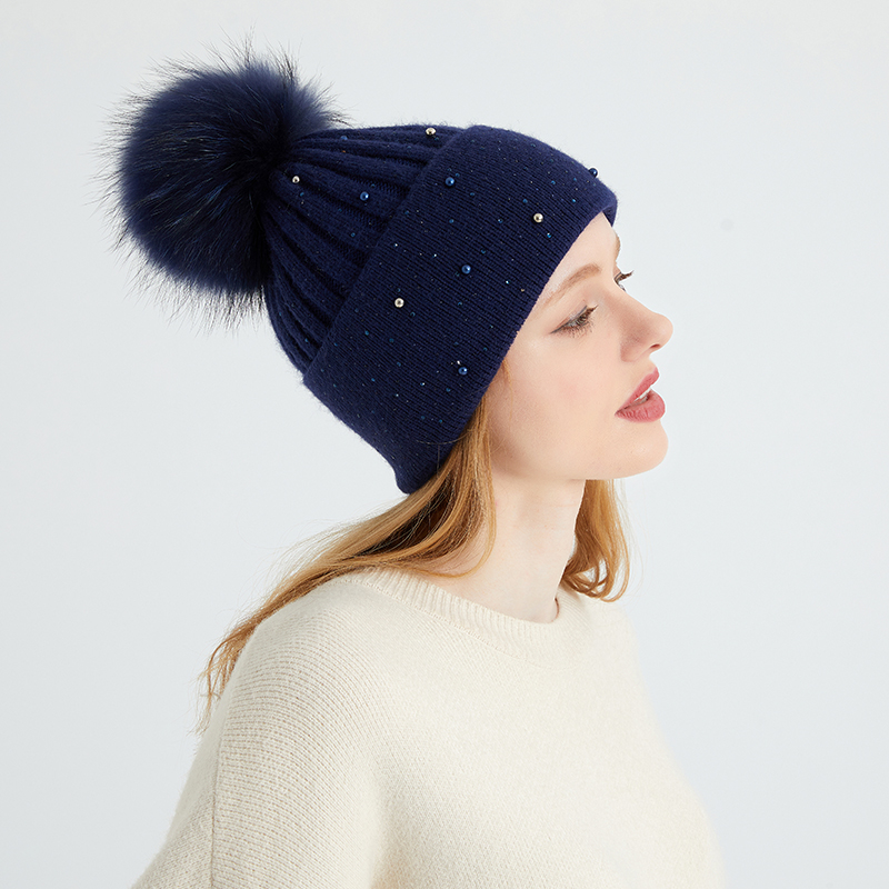 Angora Knit Beanie with Crystal Embellishments & Real Raccoon Fur Pom – Winter Sparkle Series — image 4