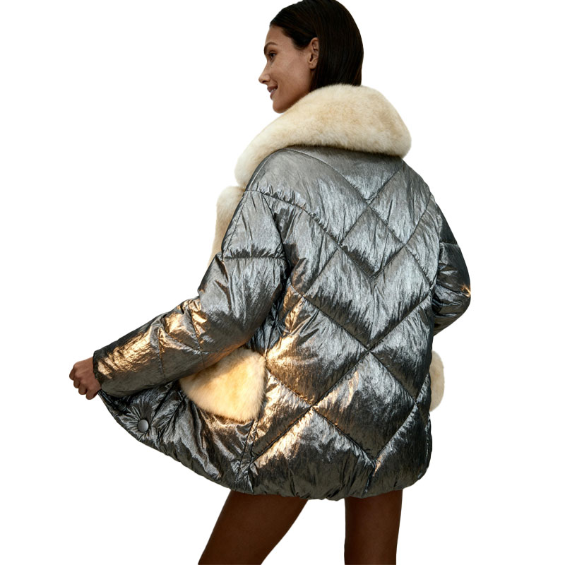 Metallic Silver Down Jacket with Cream Fox Fur Trim — image 3