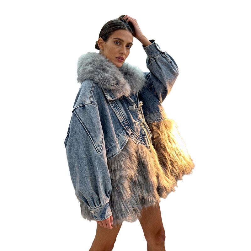 Oversized Hybrid Denim Parka with Long Grey Faux Fur — image 4