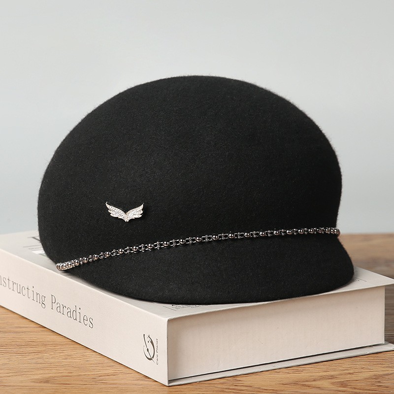 Ivory Wool Felt Baseball Beret with Crystal Chain Detail — image 4