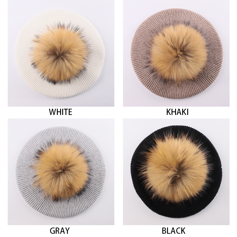 Genuine Raccoon Fur Pom Beaded Angora Beret – Elegant Parisian Style — image 2