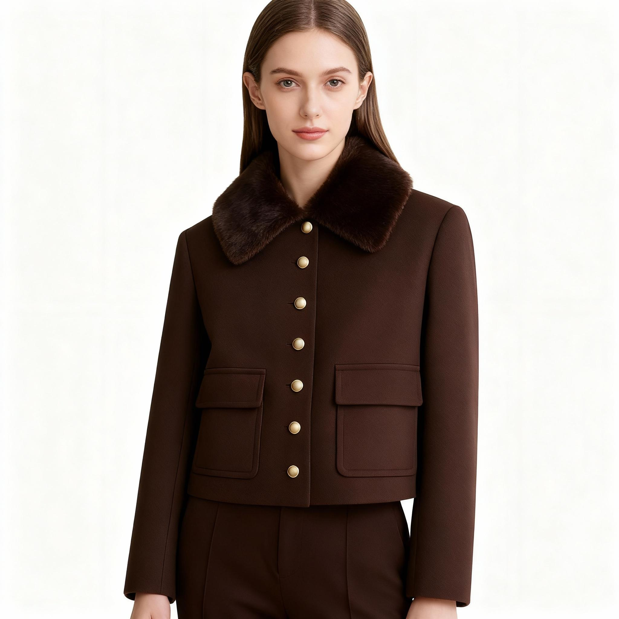 Wool Military-Style Cropped Jacket with Faux Fur Collar