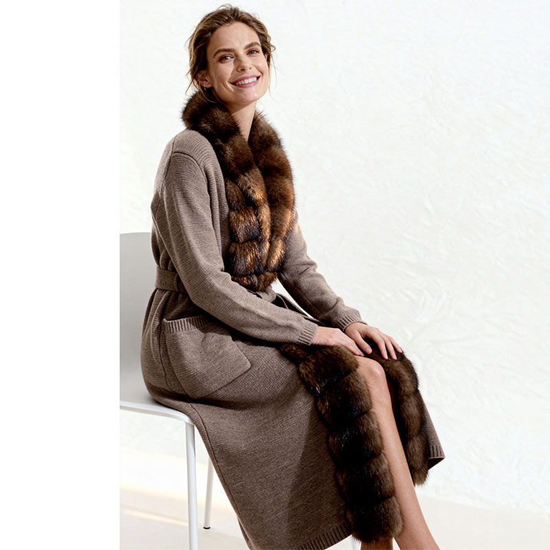Long Cashmere Belted Cardigan with Sable Mink Fur Trim — image 3