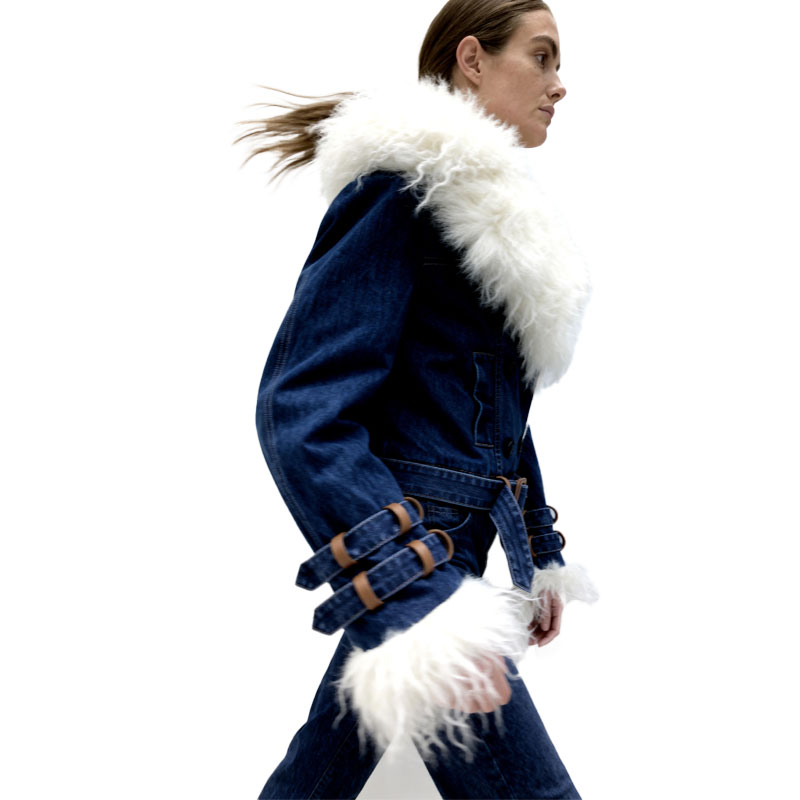 Cropped Denim Aviator Jacket with Luxe White Faux Fur Trim — image 4