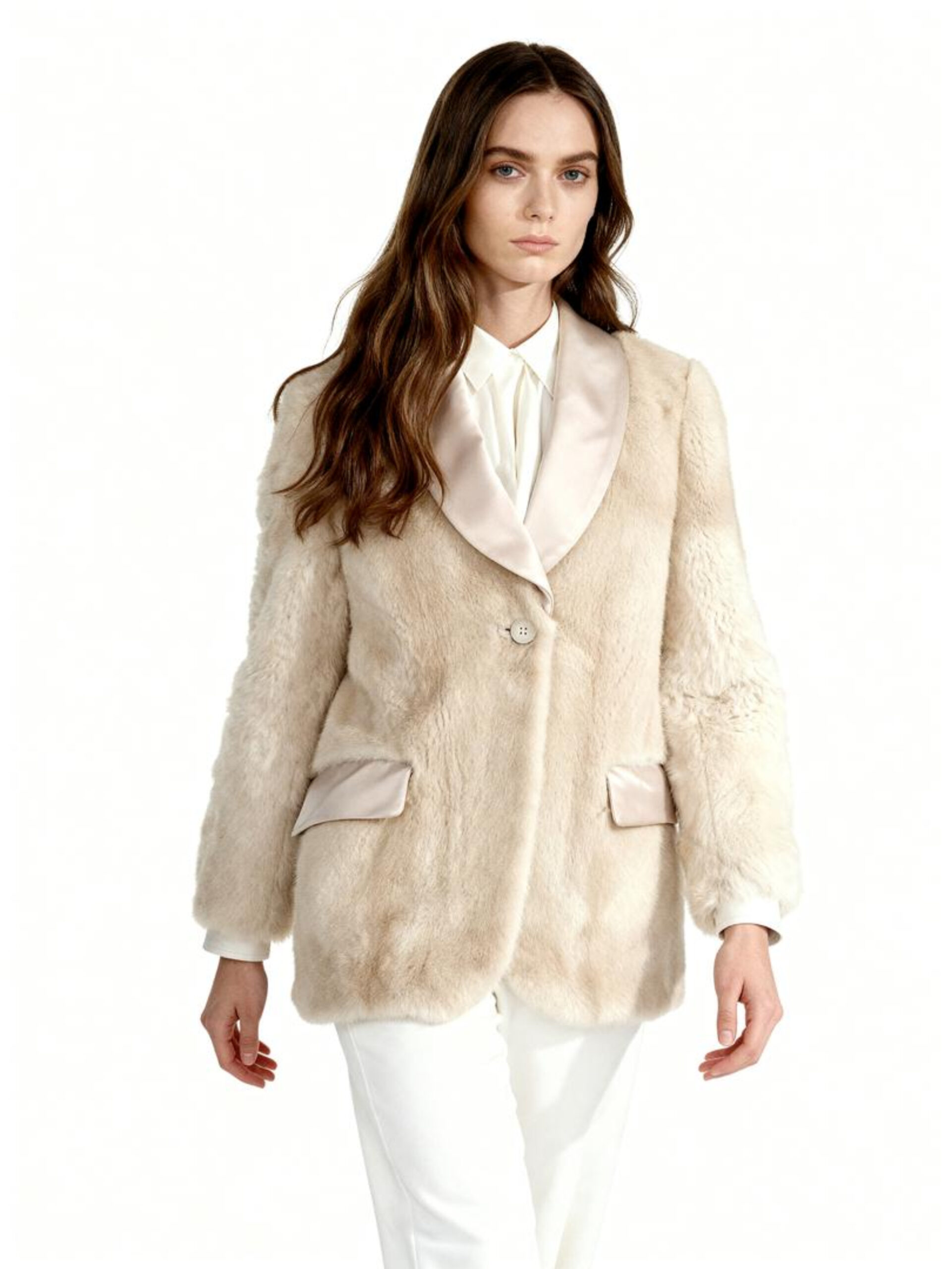 Beige Faux Mink Blazer Jacket Tailored Office Elegance — image 5