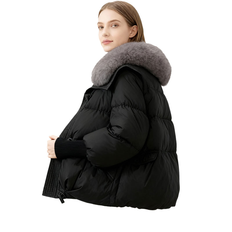 Elegant Black Down Jacket with Plush Fox Fur Collar — image 3