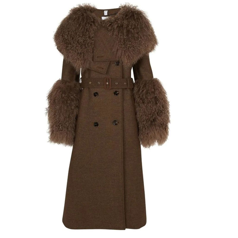 Vintage Brown Wool Trench Coat with Real Sheep Fur Accents — image 4