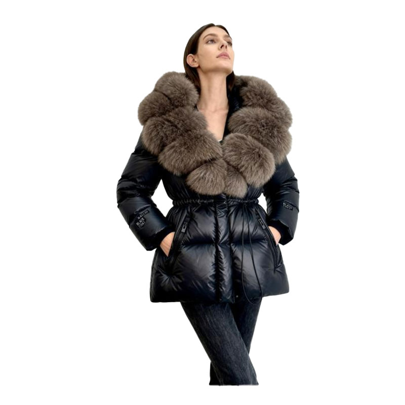 Glossy Black Down Jacket with Oversized Fox Fur Collar — image 3