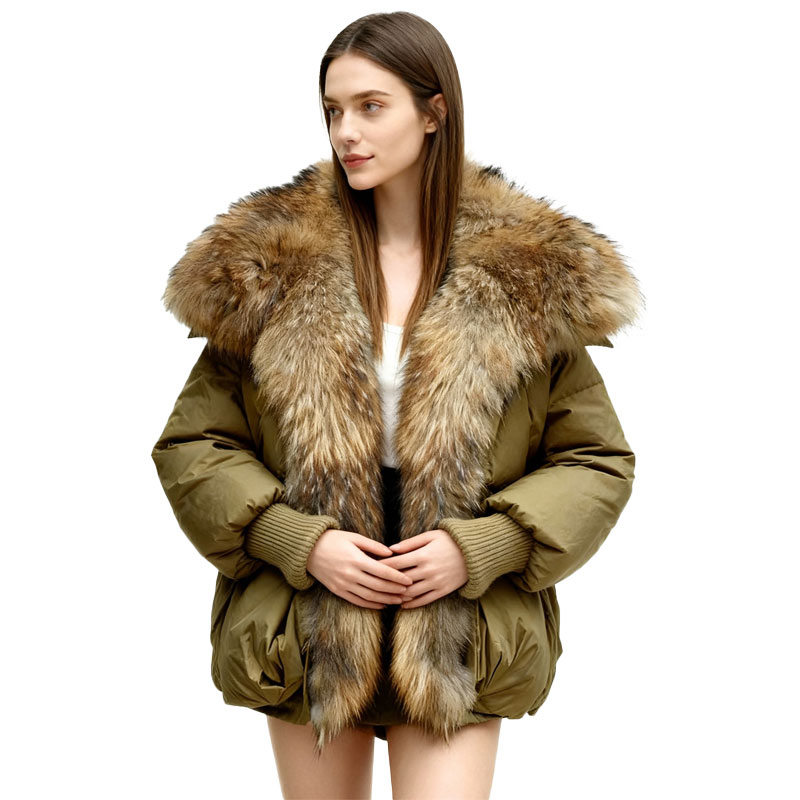 Olive Down Puffer with Oversized Raccoon Fur Collar — image 2