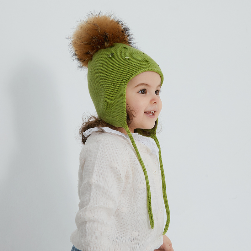 Knit Kids Earflap Hat with Genuine Raccoon Fur Pom – Winter Sparkle for Little Trendsetters