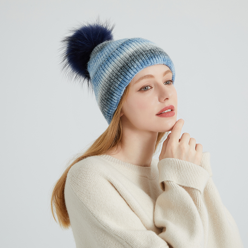 Wool Blend Angora Knit Beanie with Real Raccoon Fur Pom-Pom – Soft, Colorful, and Winter-Ready — image 2