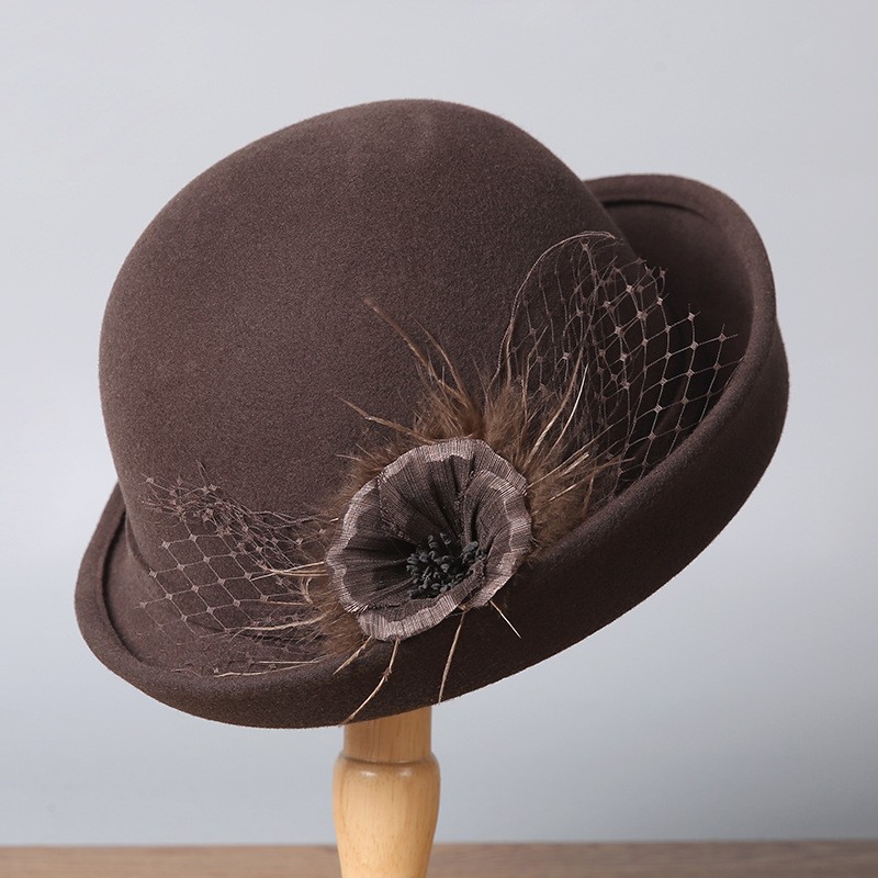 Ivory Wool Felt Cashmere Hat with Floral Appliqué & Veil Netting — image 4