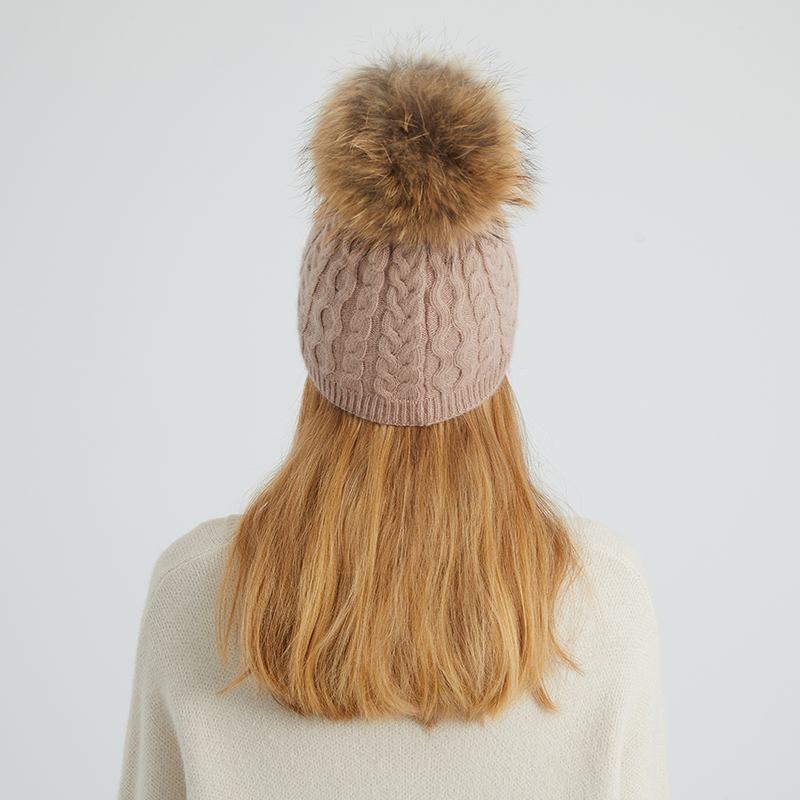 Cable Knit Wool Beanie with Genuine Raccoon Fur Pom – Classic Winter Charm — image 3