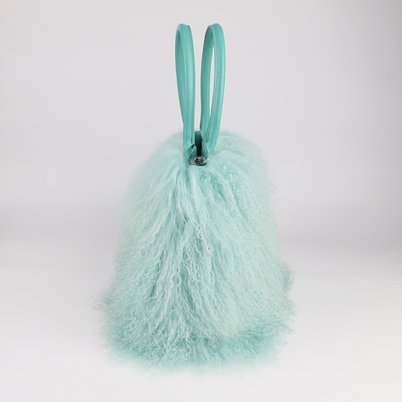 Genuine Lamb Fur & Leather Tote – Fluffy Glamour in Mint Green — image 3