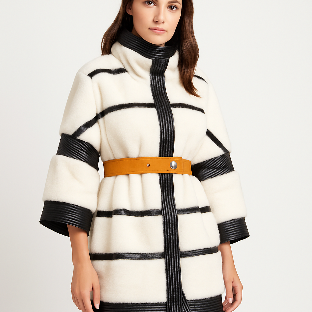 Contrast Paneled White Faux Fur Coat with Leather Trim — image 2
