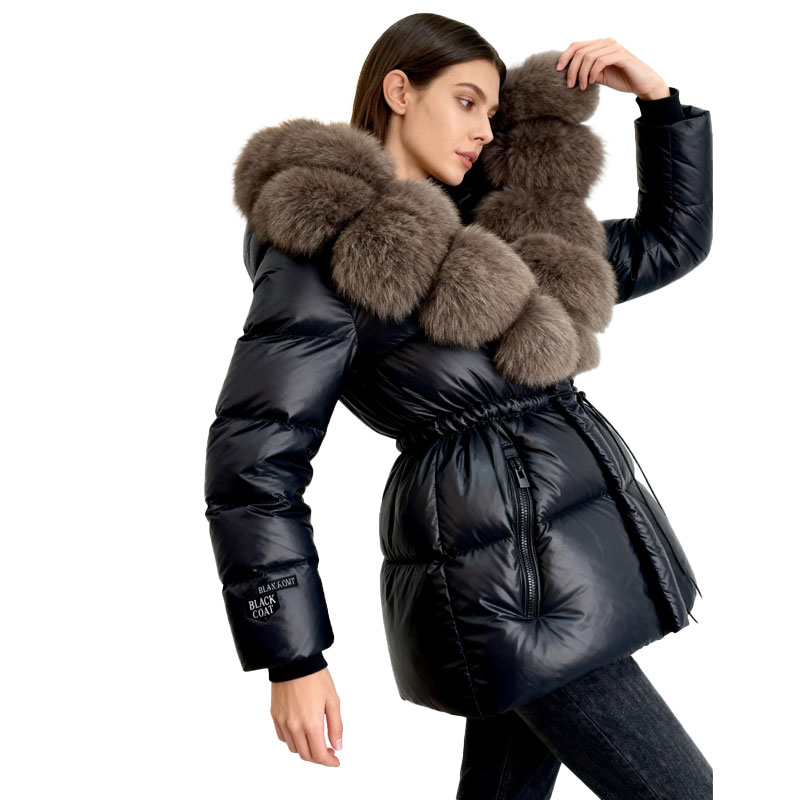 Glossy Black Down Jacket with Oversized Fox Fur Collar — image 2