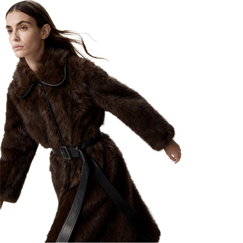Dark Faux Mink Long Coat with Leather Trim — image 3