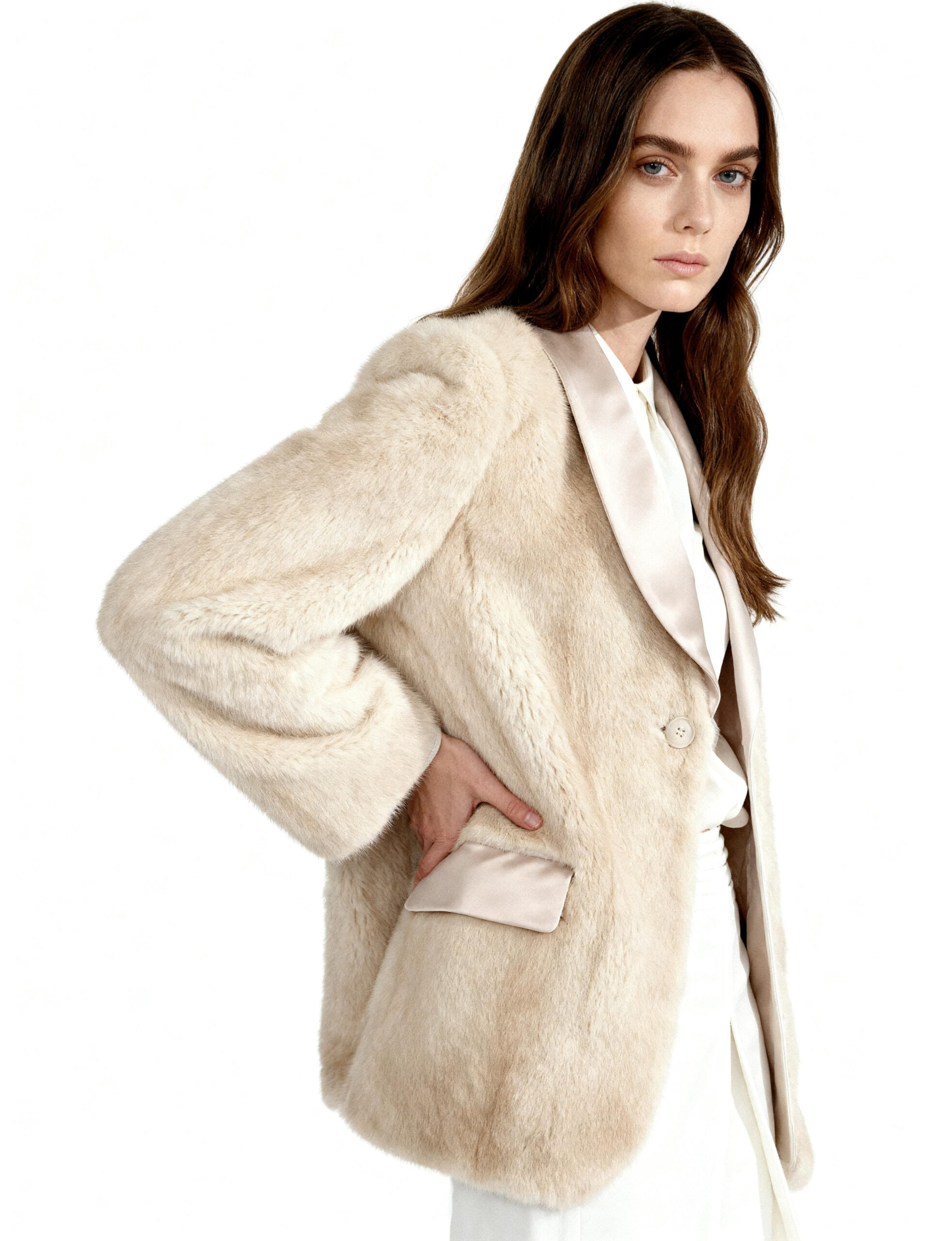 Beige Faux Mink Blazer Jacket Tailored Office Elegance — image 3