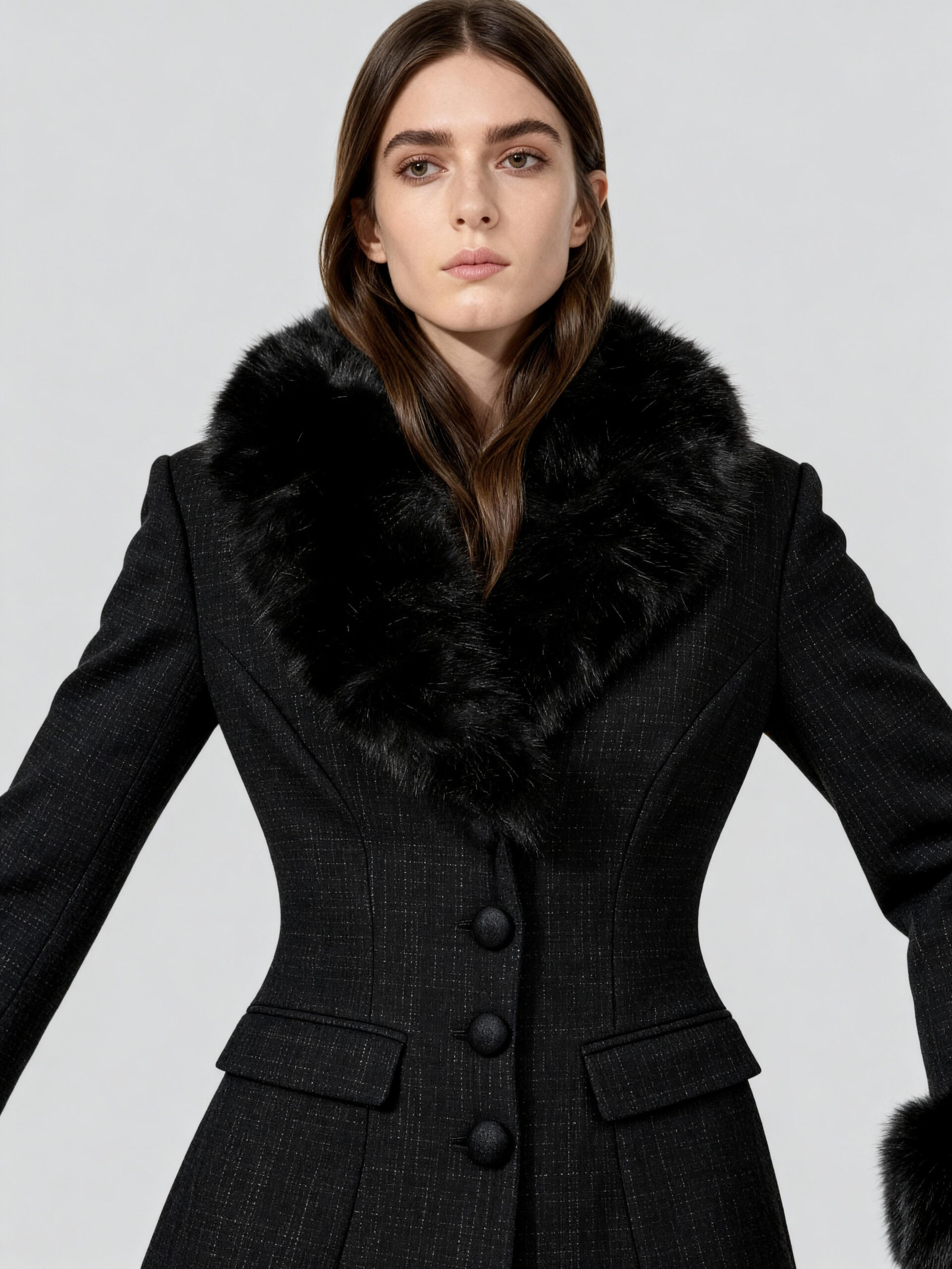Tailored Black Wool Blazer with Faux Fur Collar & Cuffs — image 3