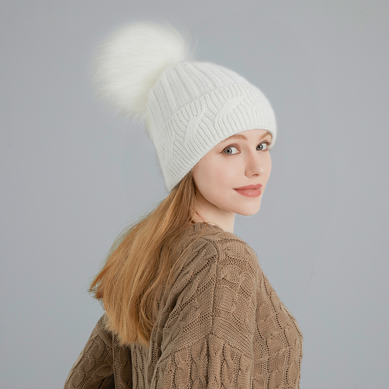Angora Knit Beanie with Detachable Genuine Raccoon Fur Pom – Winter Elegance Redefined — image 4