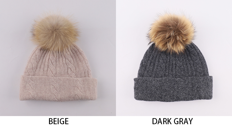 Genuine Raccoon Fur Pom Cable Knit Wool Hat – Timeless Warmth for Winter Collections — image 2