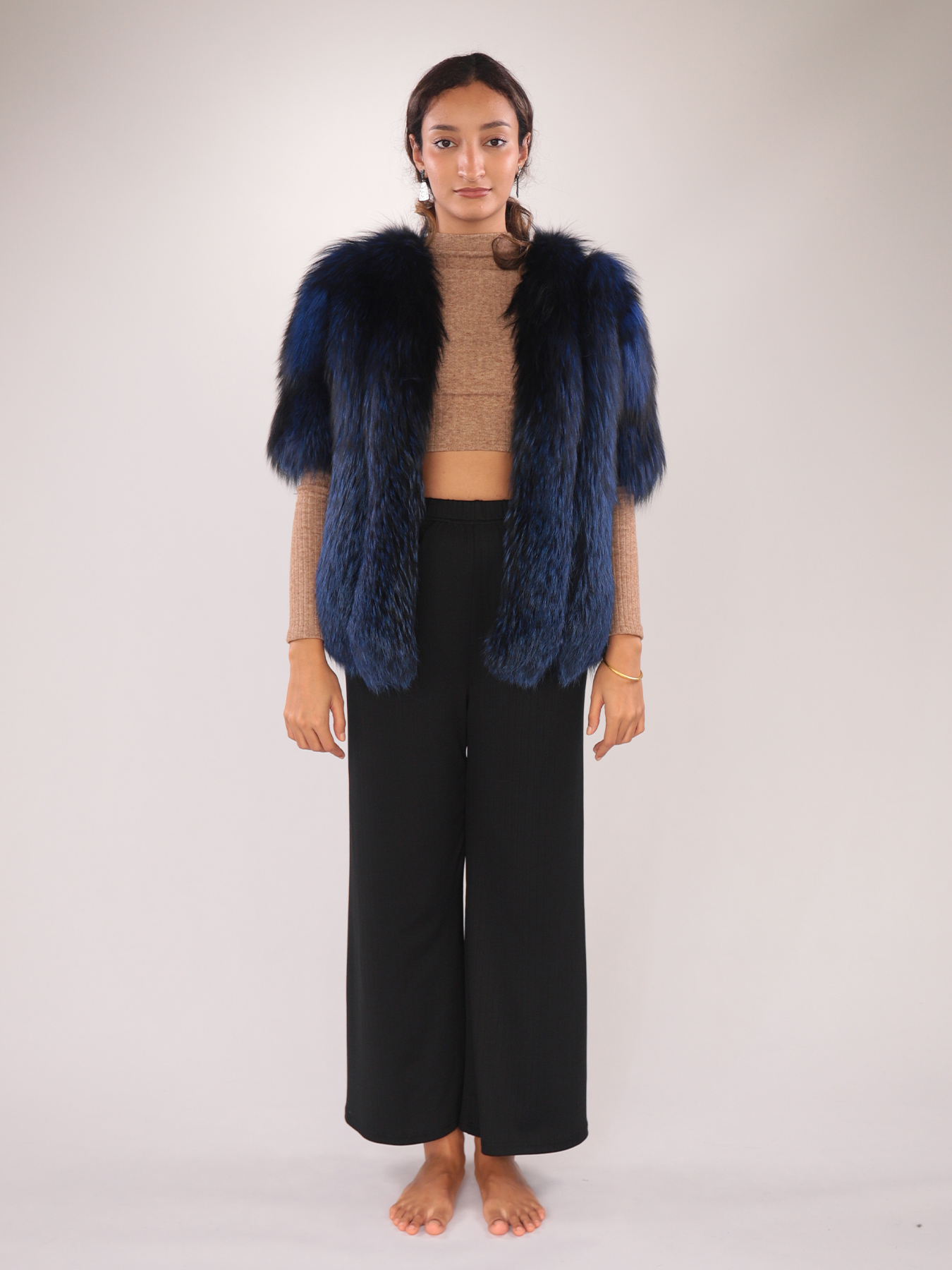 Elegant Navy Blue Real Fox Fur Coat – Short Style
