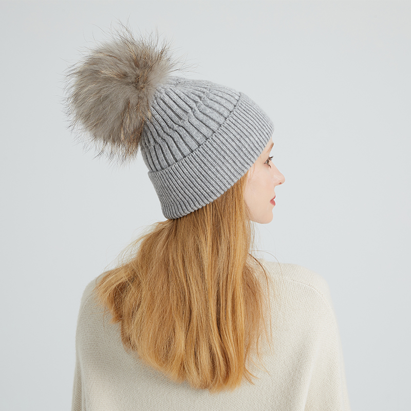 Classic Ribbed Knit Beanie with Real Raccoon Fur Pom – Essential Winter Staple — image 2