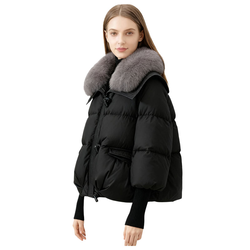 Elegant Black Down Jacket with Plush Fox Fur Collar — image 2