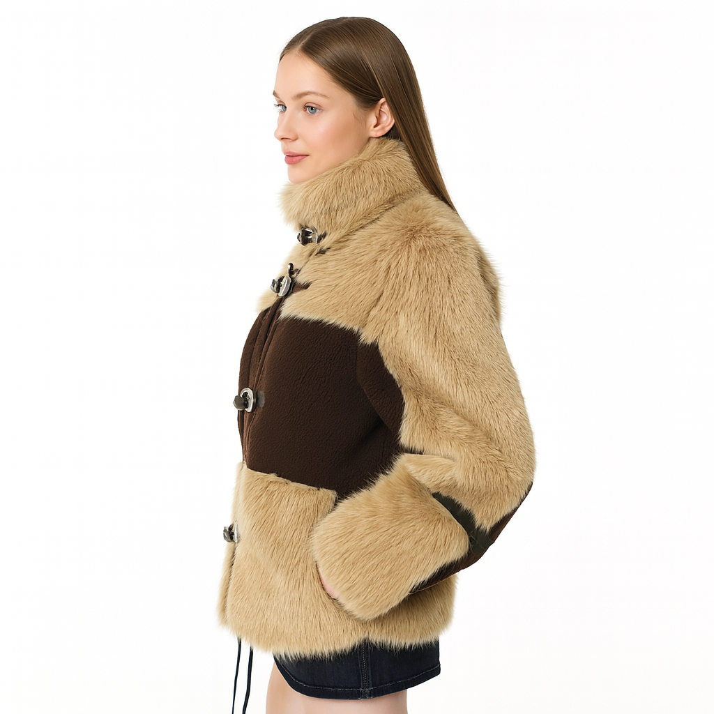 Two-Tone Faux Fur Toggle Y2K Jacket – Brown & Caramel Mix — image 2