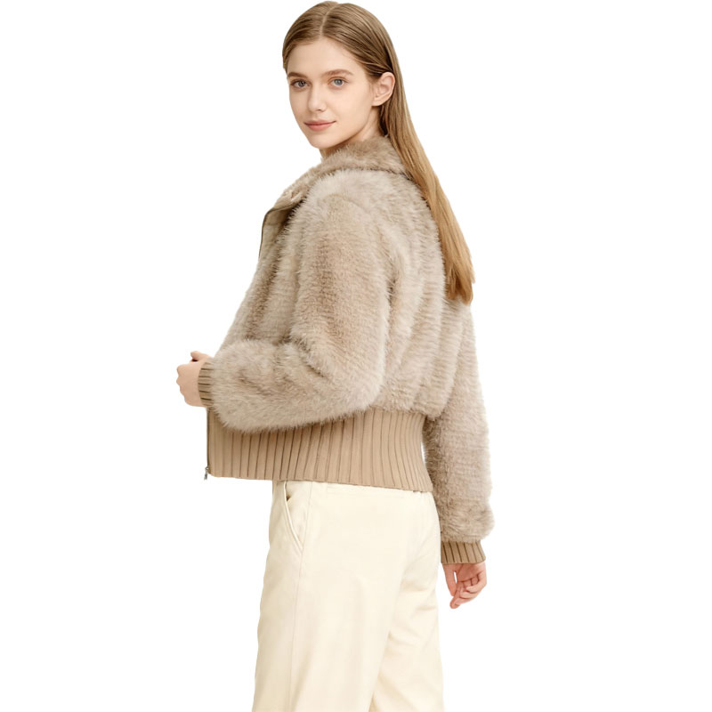 Taupe Faux Fur Knit Bomber Jacket with Ribbed Hem — image 4