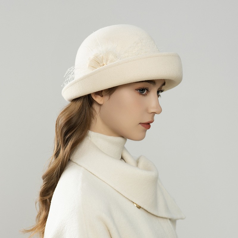Ivory Wool Felt Cashmere Hat with Floral Appliqué & Veil Netting — image 2