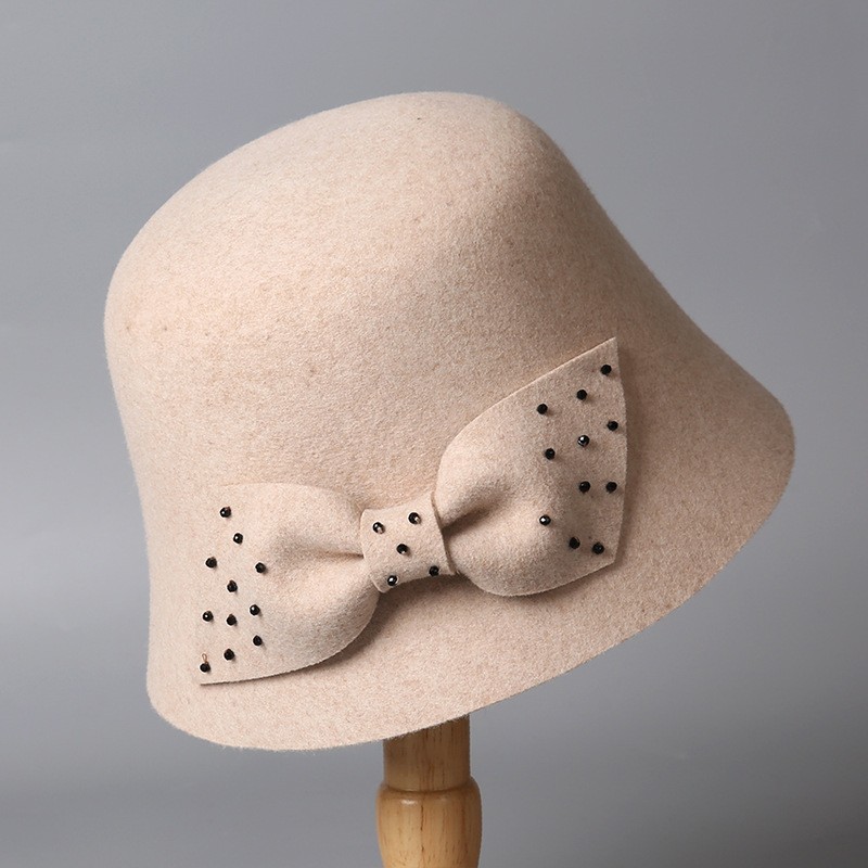 Ivory Wool Cloche Hat with Studded Bow Accent — image 5