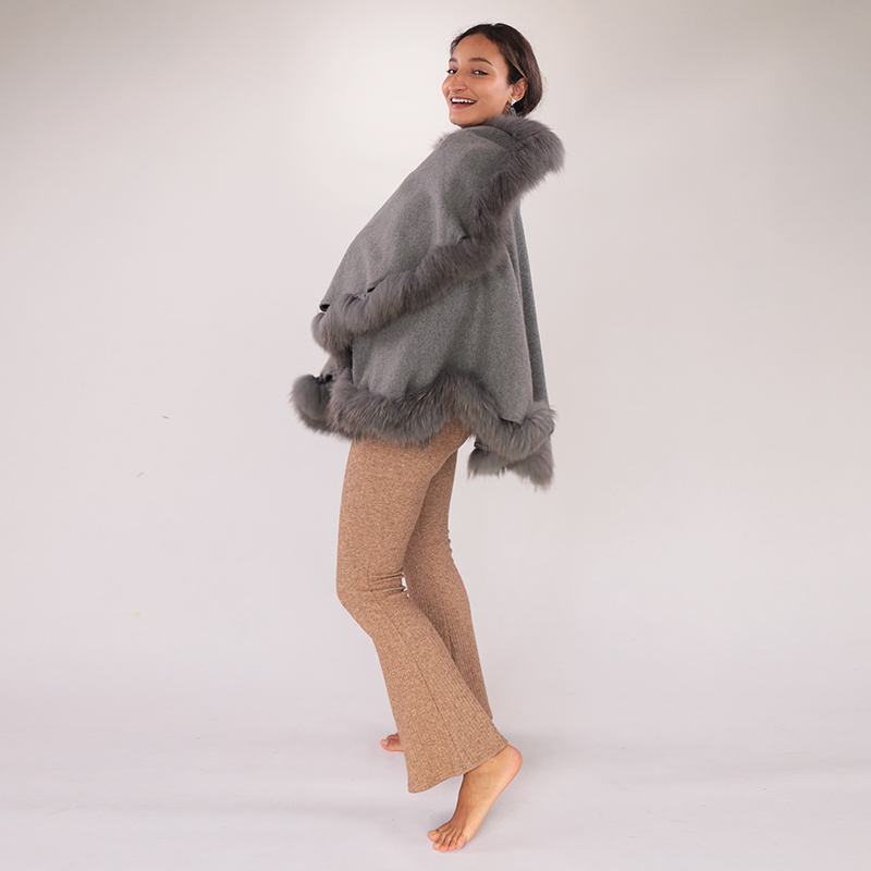 Charcoal Wool Cloak with Raccoon Fur Trim – Shawl-Style Cape — image 3