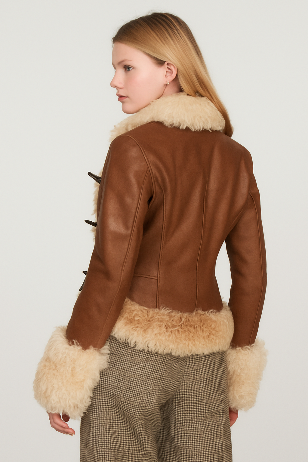 Y2K Cropped Leather Jacket with Shearling Trim & Toggle Front — image 2