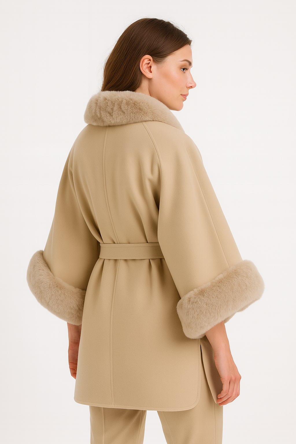 Wool Cape Coat with Fur Trim Collar & Cuffed Sleeves — image 4