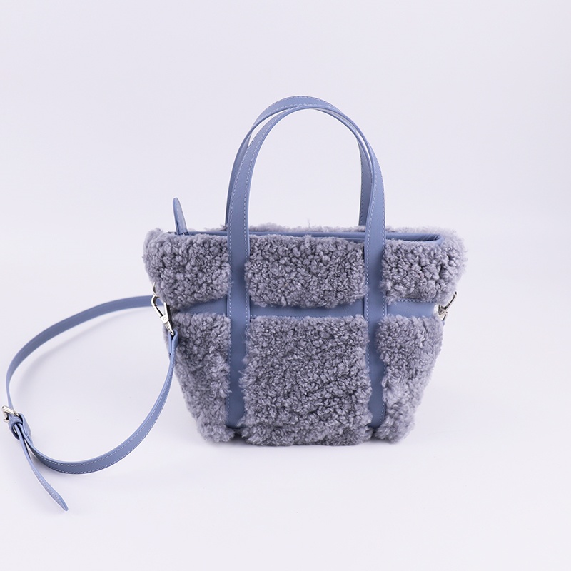 Premium Lamb Fur & Leather Tote – K-Style Soft Grid Texture in Lavender Blue