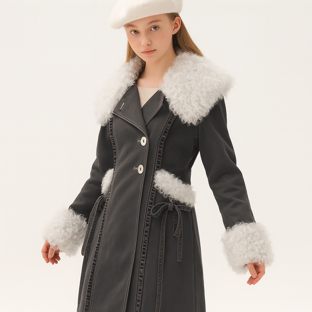 Fur Trimmed Denim Coat with Tie Waist – Y2K Winter Outerwear — image 2