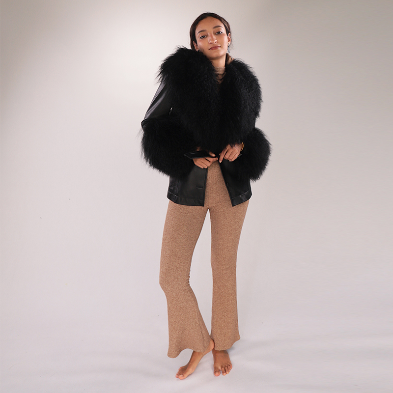 Mid-Length Real Sheepskin Leather Coat with Fluffy Wool Collar & Cuffs — image 2