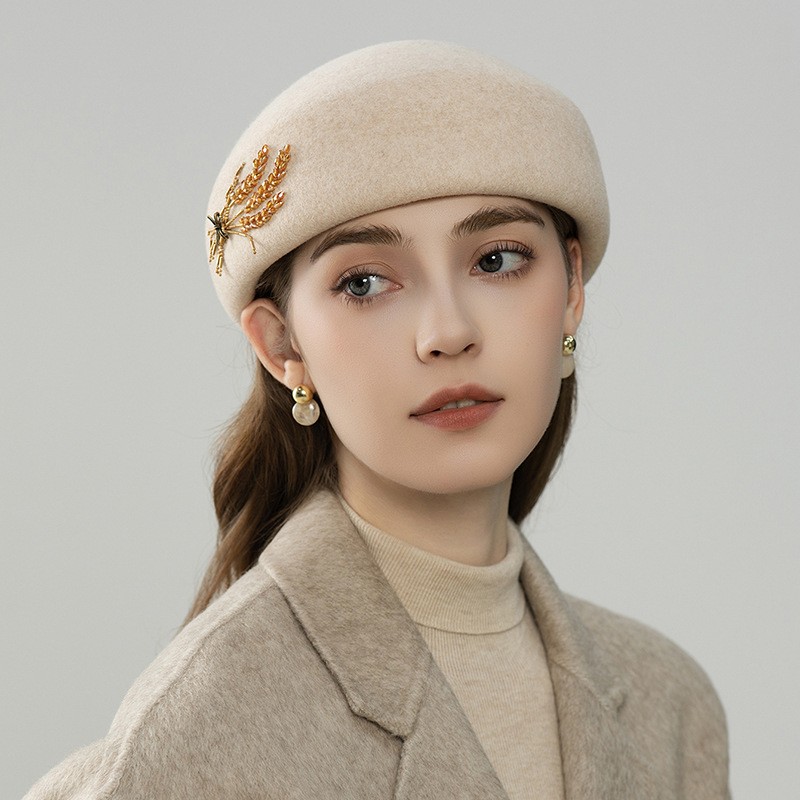 Embroidered Black Wool Beret with Beaded Wheat Detail — image 2