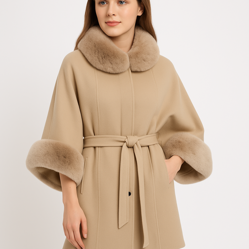 Wool Cape Coat with Fur Trim Collar & Cuffed Sleeves — image 3