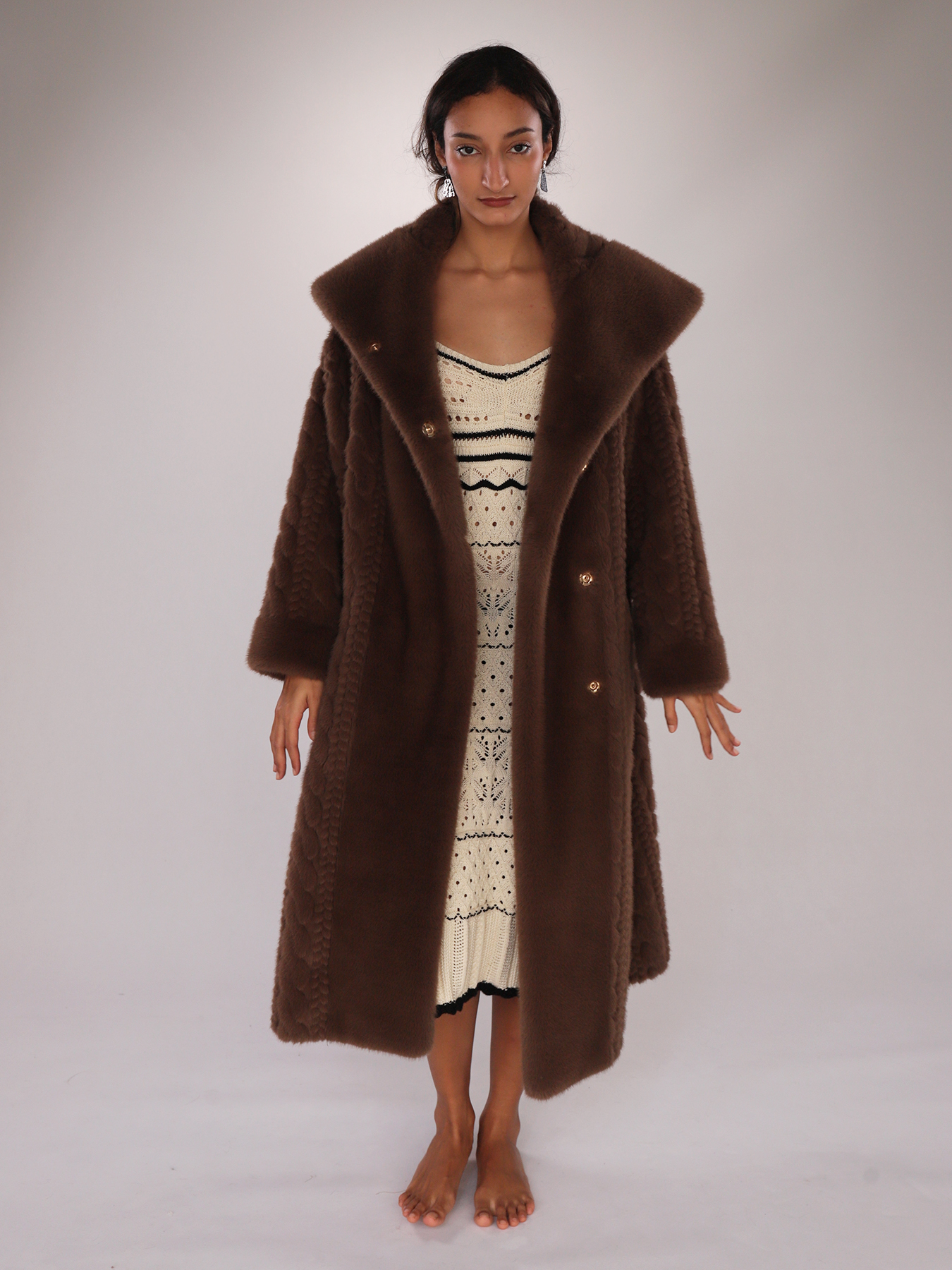 Long Chocolate Faux Fur Coat with Braided Detail