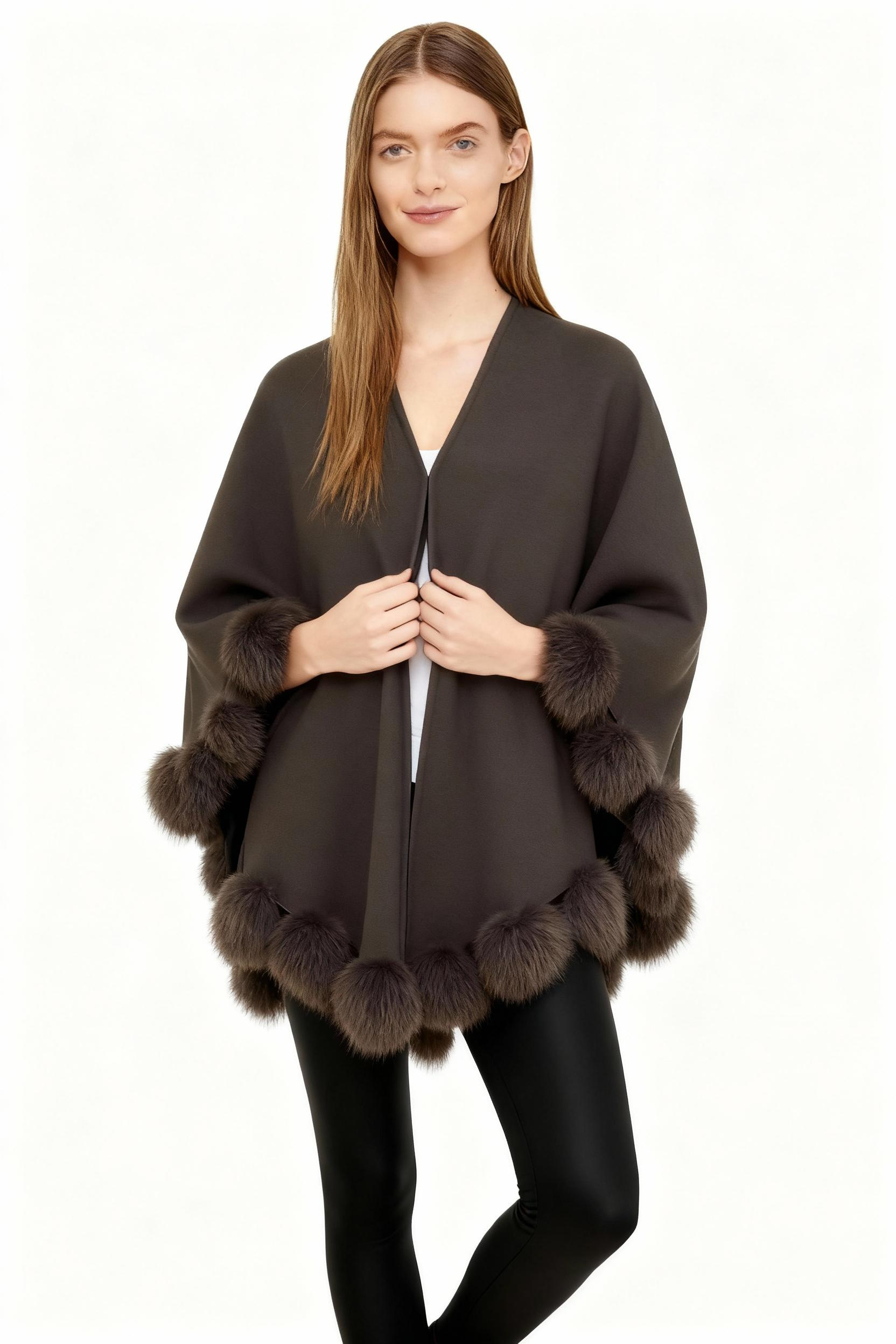 Wool Cloak Shawl with Real Fox Fur Pom-Poms — image 3