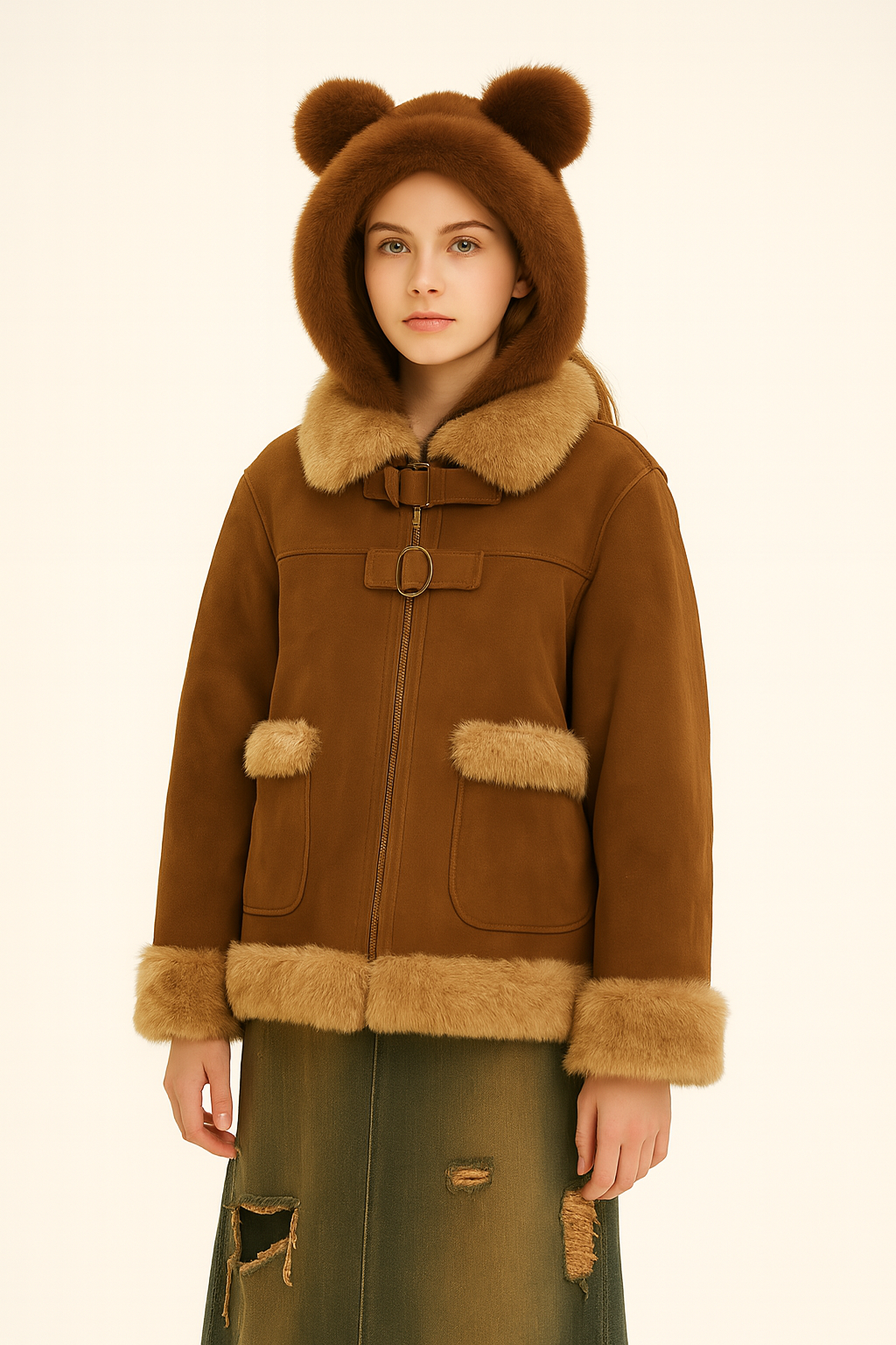 Y2K Bear Ear Fur Jacket – Brown Faux Suede Coat