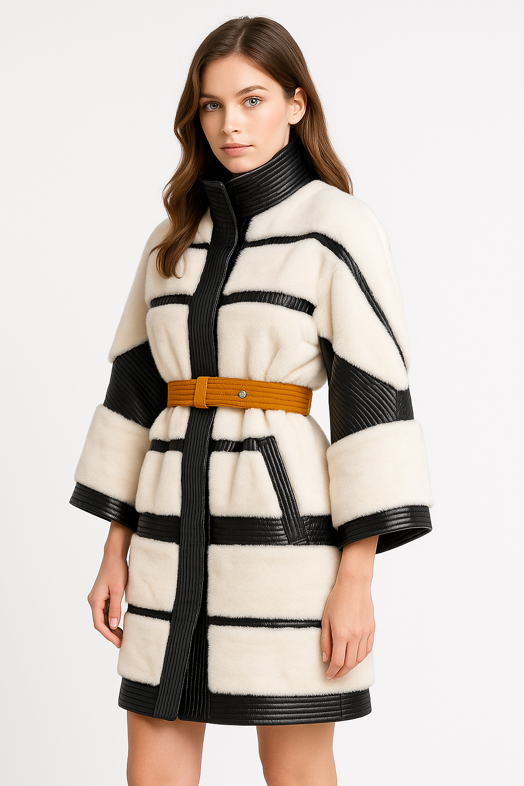 Contrast Paneled White Faux Fur Coat with Leather Trim — image 4