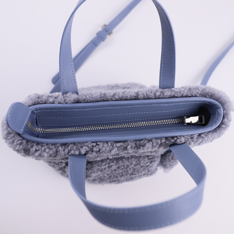 Premium Lamb Fur & Leather Tote – K-Style Soft Grid Texture in Lavender Blue — image 4