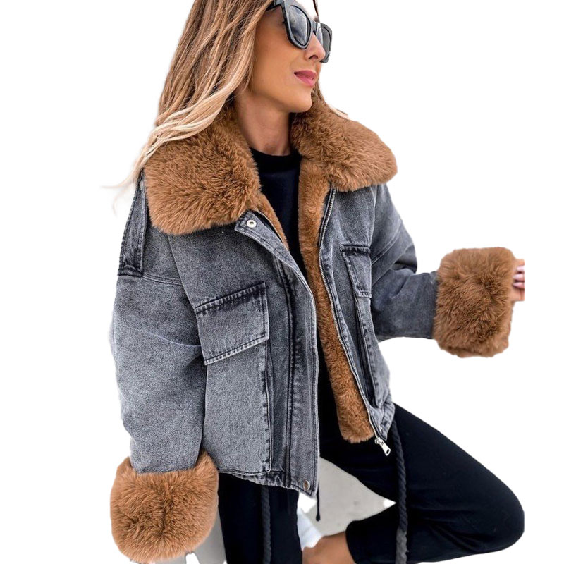 Washed Black Denim Parka with Plush Brown Faux Fur — image 2